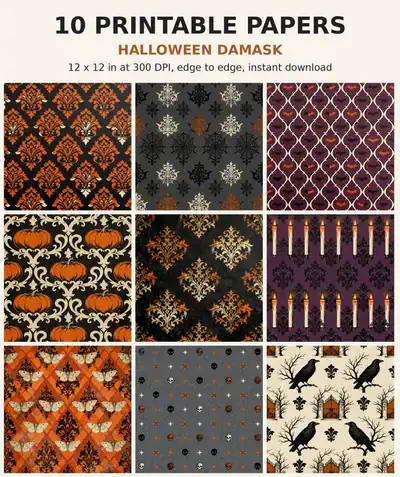 Halloween Digital Paper Pack, 10 Gothic Damask Scrapbook Papers, 12x12 Printable Black Orange Spider Bat, Spooky Junk Journal JPG shown as a preview of the paper pack