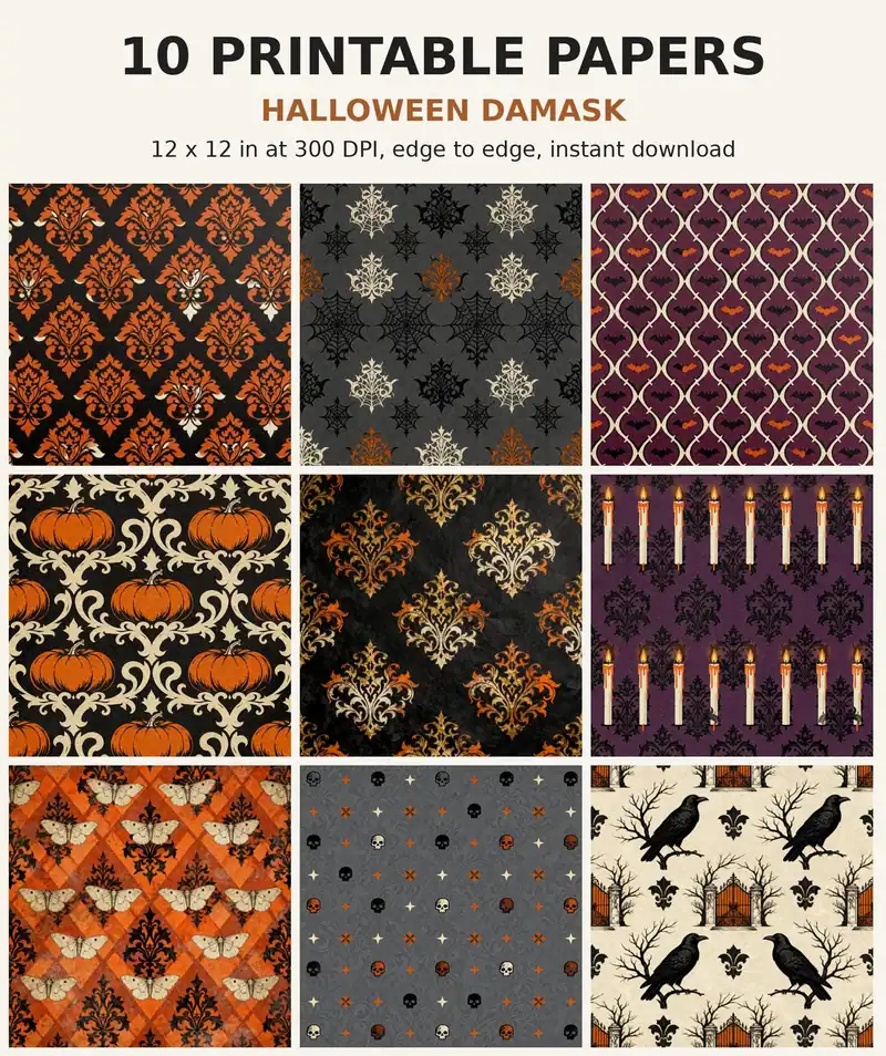 Halloween Digital Paper Pack, 10 Gothic Damask Scrapbook Papers, 12x12 Printable Black Orange Spider Bat, Spooky Junk Journal JPG shown as a preview of the paper pack