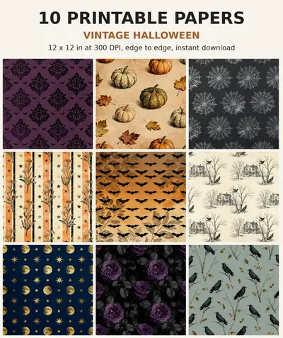 Halloween Digital Paper Pack, 10 Vintage Scrapbook Papers, 12x12 Printable Damask Bats Pumpkins Web, Spooky Junk Journal JPG Download shown as a preview of the paper pack