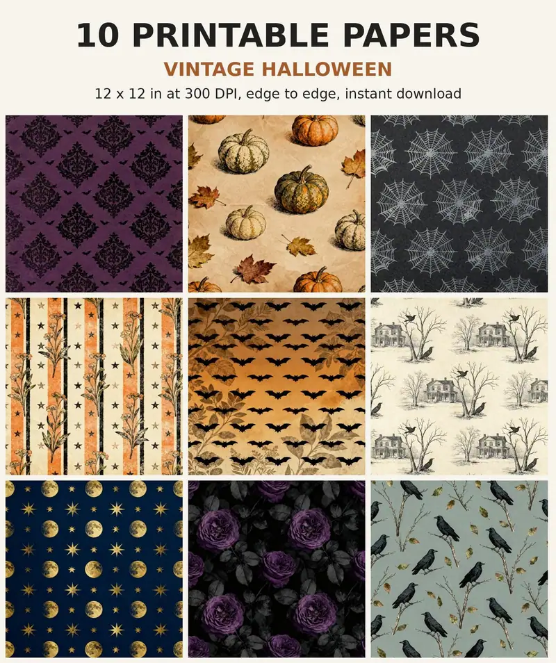 Halloween Digital Paper Pack, 10 Vintage Scrapbook Papers, 12x12 Printable Damask Bats Pumpkins Web, Spooky Junk Journal JPG Download shown as a preview of the paper pack