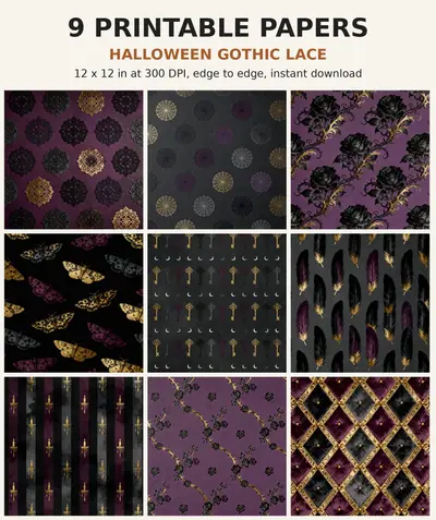 Halloween Digital Paper Pack, 9 Gothic Lace Scrapbook Papers, 12x12 Printable Black Damask Web Moth Elegant Dark, Junk Journal JPG shown as a preview of the paper pack