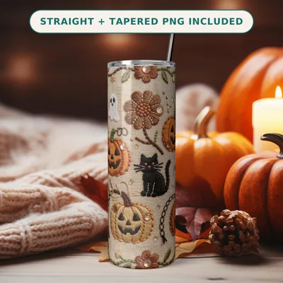 Halloween Embroidery Tumbler Wrap PNG, Spooky Sampler Black Cats Pumpkins Ghosts, Seamless Straight Wrap Download, 20oz Skinny Tumbler shown flat as a tumbler wrap