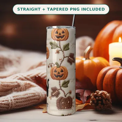 Halloween Embroidery Tumbler Wrap PNG, Spooky Sampler Jack O Lanterns Black Cats Ghosts, Seamless Download, Harvest Stitch 20oz Skinny shown flat as a tumbler wrap