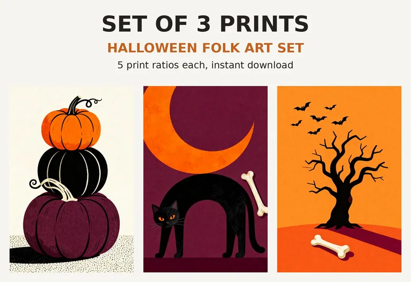Halloween Print Set of 3, Printable Wall Art, Folk Art Pumpkin Black Cat Moon Illustrations, Spooky Fall Mantel Decor Download shown as a preview of the print set