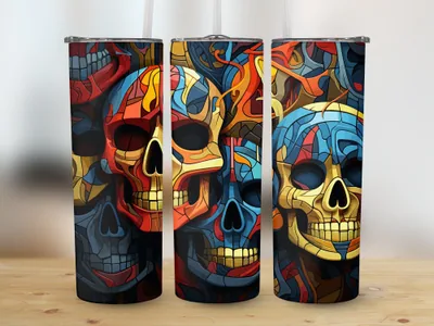 Halloween Skulls Tumbler Sublimation Design: 20oz Skinny Wrap shown flat as a tumbler wrap