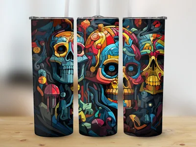 Halloween Skulls Tumbler Sublimation Design: 20oz Skinny Wrap shown flat as a tumbler wrap