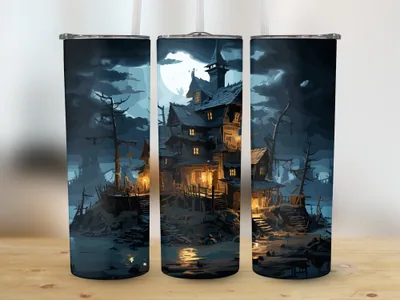 Haunted House Halloween 20oz Tumbler Sublimation Design shown flat as a tumbler wrap