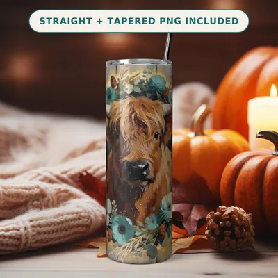Highland Cow Tumbler Wrap PNG Seamless, Painterly Teal Floral Wreath on Barnwood, 20oz Skinny Sublimation Download shown flat as a tumbler wrap