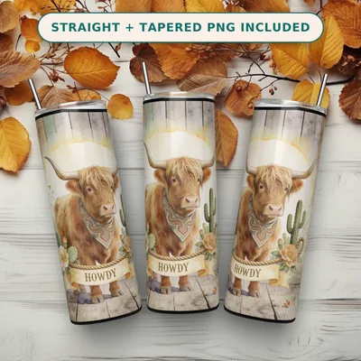 Highland Cow Tumbler Wrap PNG Seamless, Watercolor Cow in a Paisley Bandana with Cactus Blooms, 20oz Sublimation Download shown flat as a tumbler wrap