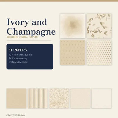Ivory and Champagne Wedding Digital Paper Pack, 14 Seamless 12x12 Scrapbook Papers, Printable Classic Wedding Backgrounds, 300 dpi JPG shown as a preview of the paper pack