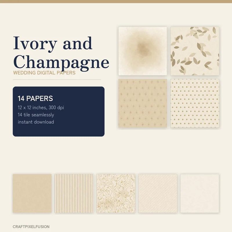 Ivory and Champagne Wedding Digital Paper Pack, 14 Seamless 12x12 Scrapbook Papers, Printable Classic Wedding Backgrounds, 300 dpi JPG shown as a preview of the paper pack