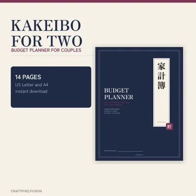 Kakeibo Budget Planner for Couples, Japanese Money Saving Method, Shared Monthly Budget Template, Weekly Spending Log PDF shown as a preview of the planner