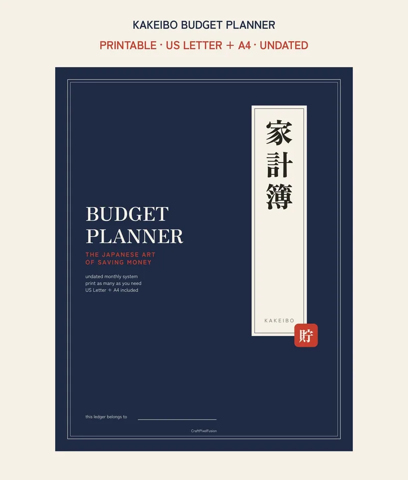 Kakeibo Budget Planner Printable, Japanese Money Saving Method, Monthly Budget Template, Weekly Spending Log PDF, US Letter and A4 shown as a preview of the planner