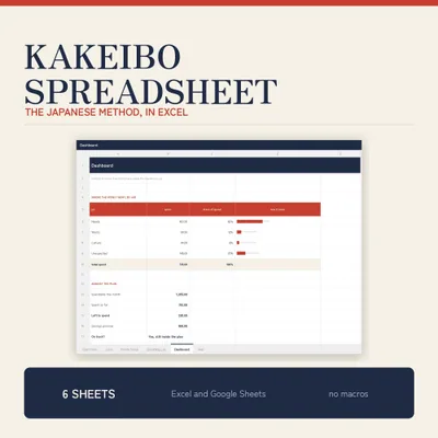 Kakeibo Budget Spreadsheet for Excel and Google Sheets, Japanese Money Saving Method, Monthly Expense Tracker with Dashboard shown as a preview of the planner