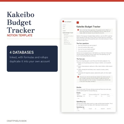 Kakeibo Budget Tracker Notion Template, Monthly Expense and Savings Planner shown as a preview of the printable