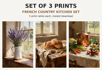 Kitchen Print Set of 3, Printable Wall Art, French Country Still Life Paintings, Herbs Bread Copper Pots, Farmhouse Dining Decor shown as a preview of the print set