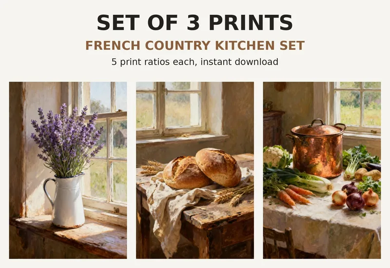 Kitchen Print Set of 3, Printable Wall Art, French Country Still Life Paintings, Herbs Bread Copper Pots, Farmhouse Dining Decor shown as a preview of the print set