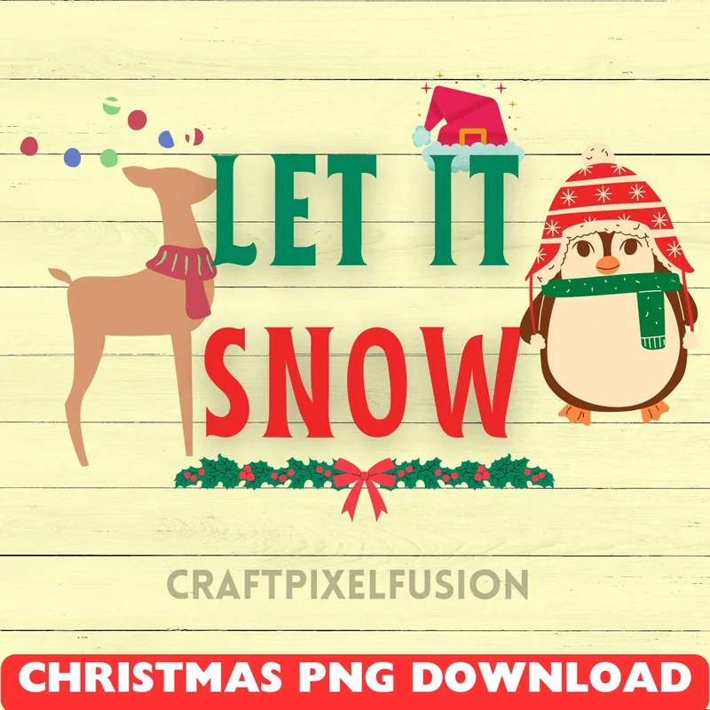 Let It Snow Christmas PNG: Reindeer, Penguin Clipart shown flat as a tumbler wrap