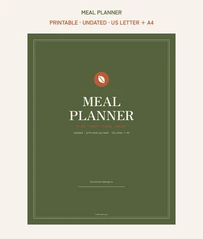Meal Planner Printable, Weekly Menu Plan and Grocery List PDF, Recipe Cards Pantry Freezer Inventory, US Letter A4 Digital Download shown as a preview of the planner