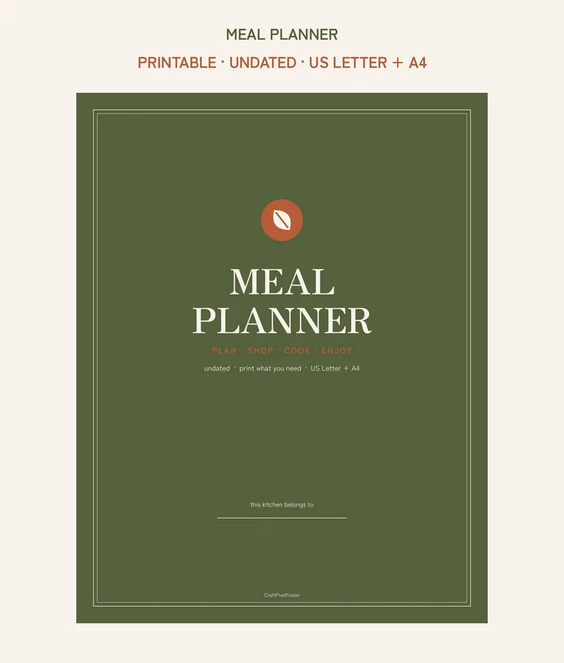 Meal Planner Printable, Weekly Menu Plan and Grocery List PDF, Recipe Cards Pantry Freezer Inventory, US Letter A4 Digital Download shown as a preview of the planner