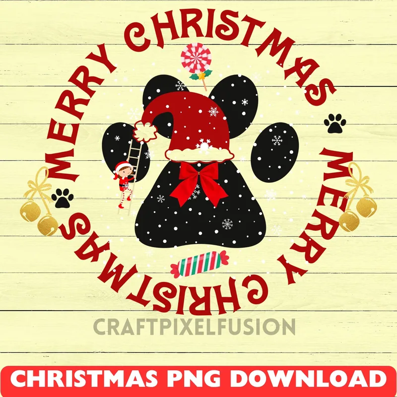 Merry Christmas Paw Print PNG: Funny Christmas Eve Sublimation shown flat as a tumbler wrap