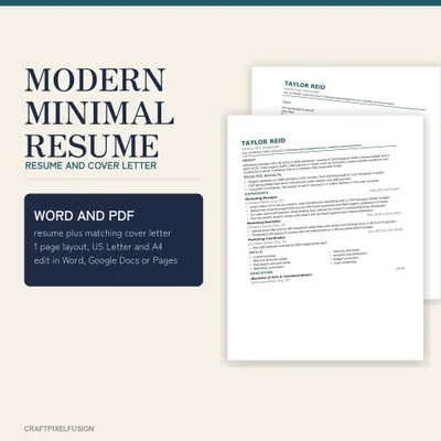 Modern Minimal Resume Template with Cover Letter, Clean Editable Word and Google Docs CV Template, One Page Instant Download shown as a preview of the printable