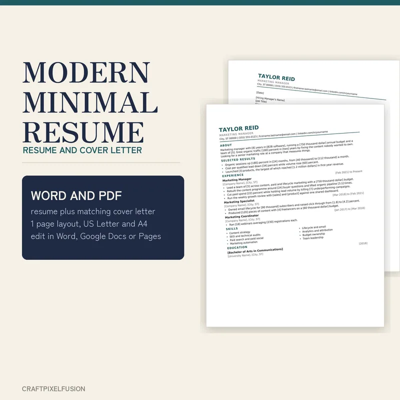 Modern Minimal Resume Template with Cover Letter, Clean Editable Word and Google Docs CV Template, One Page Instant Download shown as a preview of the printable