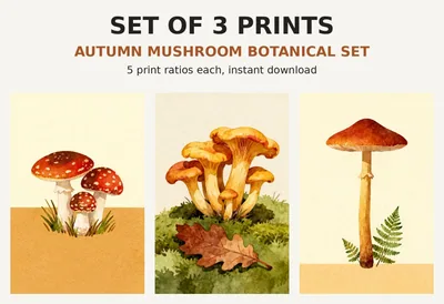 Mushroom Print Set of 3, Printable Wall Art, Autumn Botanical Toadstool Chanterelle Illustrations, Cottagecore Fall Decor Download shown as a preview of the print set