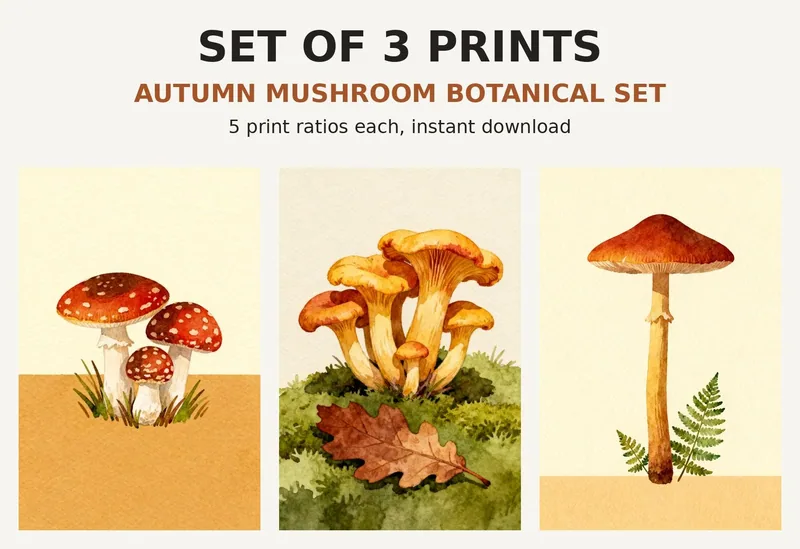 Mushroom Print Set of 3, Printable Wall Art, Autumn Botanical Toadstool Chanterelle Illustrations, Cottagecore Fall Decor Download shown as a preview of the print set