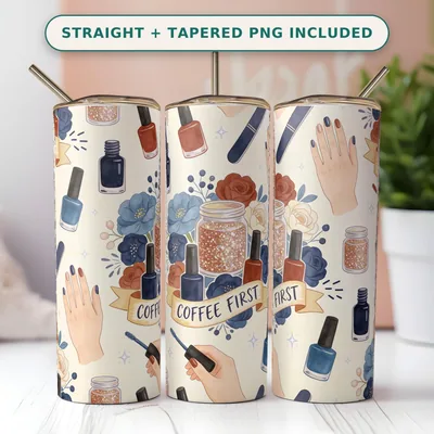 Nail Tech Tumbler Wrap PNG Seamless, Polish Bottles Manicured Hands and Glitter Jars in Denim Rust, 20oz Sublimation Download shown flat as a tumbler wrap