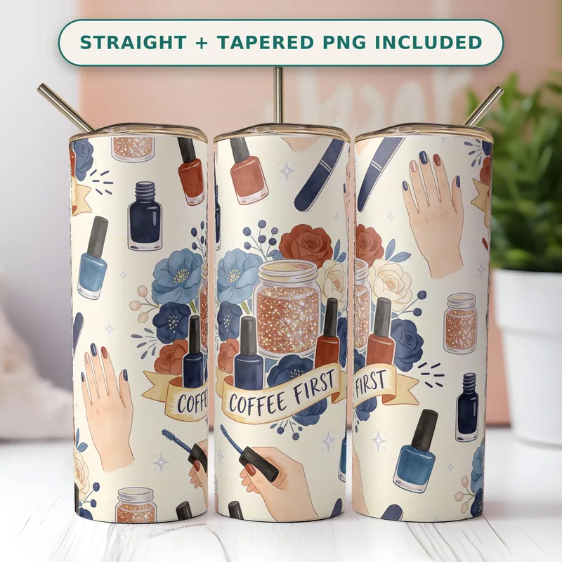 Nail Tech Tumbler Wrap PNG Seamless, Polish Bottles Manicured Hands and Glitter Jars in Denim Rust, 20oz Sublimation Download shown flat as a tumbler wrap