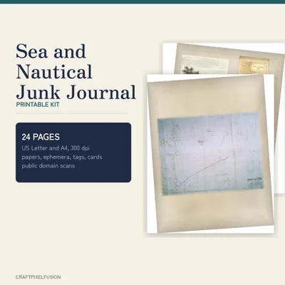 Nautical Junk Journal Kit Printable, 24 Vintage Sea Ephemera Pages, Shell and Ship Papers, Tags, Journal Cards, PDF and JPG shown as a preview of the paper pack