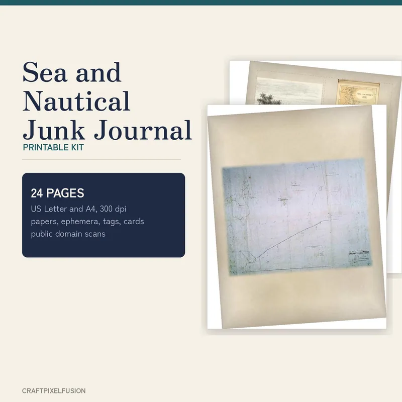 Nautical Junk Journal Kit Printable, 24 Vintage Sea Ephemera Pages, Shell and Ship Papers, Tags, Journal Cards, PDF and JPG shown as a preview of the paper pack