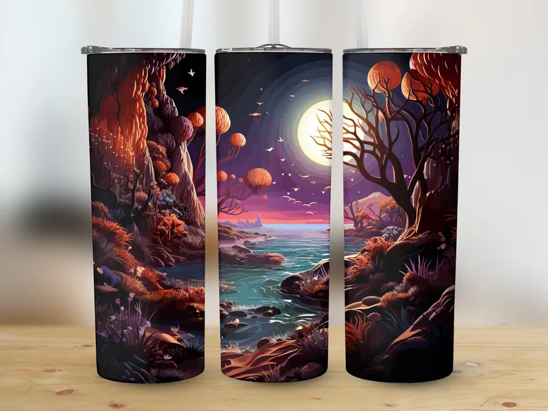 Neon Beach 3D Tumbler Sublimation Design: Straight & Tapered Wrap shown flat as a tumbler wrap