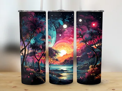 Neon Beach Tumbler Sublimation Design: Glitter Palm Trees shown flat as a tumbler wrap