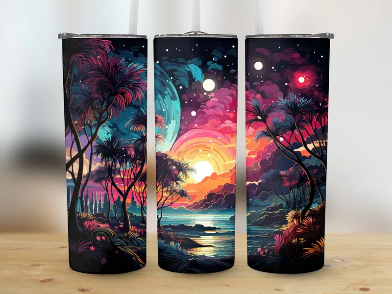 Neon Beach Tumbler Sublimation Design: Glitter Palm Trees shown flat as a tumbler wrap