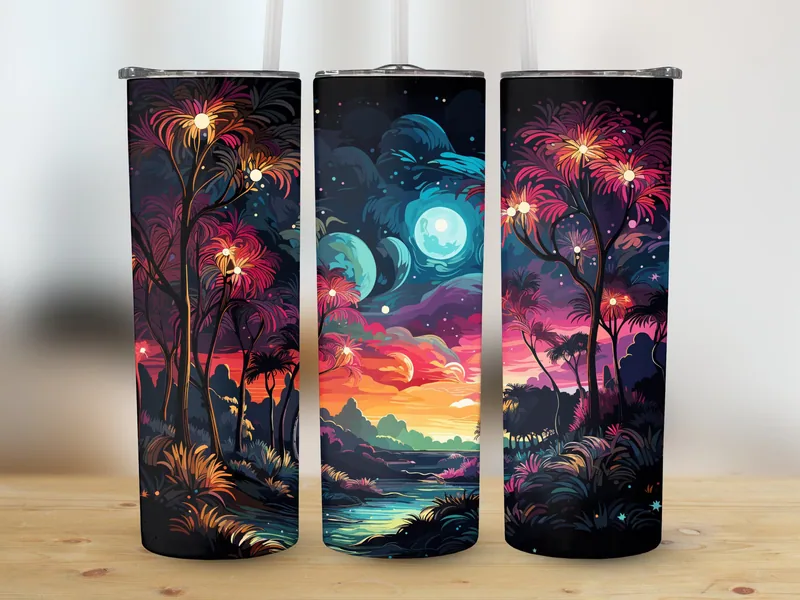 Neon Beach Tumbler Sublimation Design: Glitter Palm Trees (20oz, Straight & Tapered, PNG, Digital Download) shown flat as a tumbler wrap