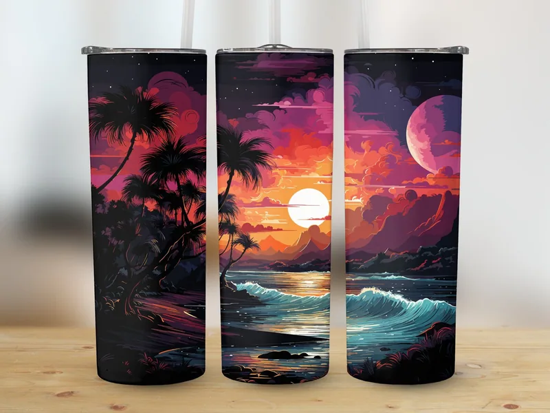Neon Beach Tumbler Sublimation Design: Glitter Palm Trees shown flat as a tumbler wrap