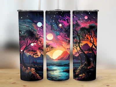Neon Beach Tumbler Sublimation Design: Glitter Sunset, 20oz Skinny shown flat as a tumbler wrap