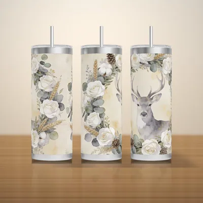 Neutral Christmas Tumbler Wrap PNG Seamless 20oz, Cream Stag in a White Rose and Eucalyptus Wreath, Sublimation Instant Download shown flat as a tumbler wrap