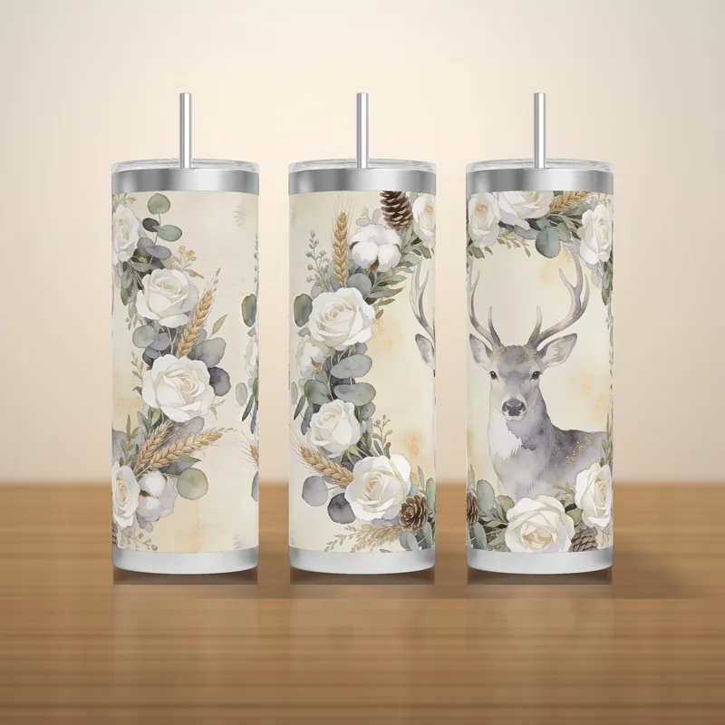 Neutral Christmas Tumbler Wrap PNG Seamless 20oz, Cream Stag in a White Rose and Eucalyptus Wreath, Sublimation Instant Download shown flat as a tumbler wrap