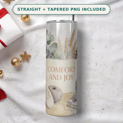 Neutral Christmas Tumbler Wrap PNG Seamless, Watercolor Cable Knit Mittens with Wool and Eucalyptus, 20oz Sublimation Download shown flat as a tumbler wrap