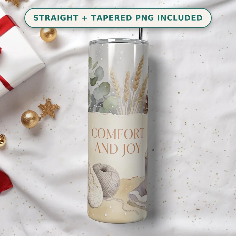 Neutral Christmas Tumbler Wrap PNG Seamless, Watercolor Cable Knit Mittens with Wool and Eucalyptus, 20oz Sublimation Download shown flat as a tumbler wrap