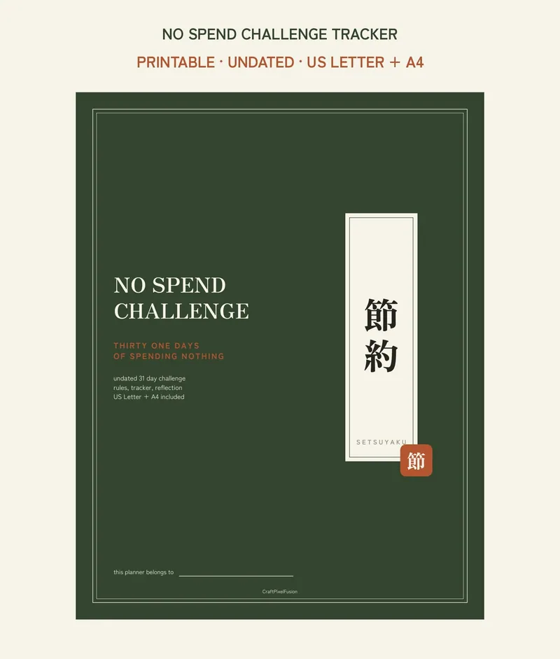 No Spend Challenge Tracker Printable, 31 Day Frugal Living Money Saving Log PDF, Minimalist Budget Binder Page, US Letter A4 shown as a preview of the planner