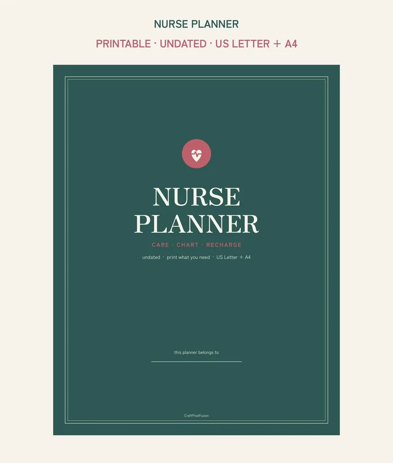 Nurse Planner Printable, Shift Work Schedule and Self Care Tracker PDF, Overtime Pay Log Certification Tracker, US Letter A4 shown as a preview of the planner