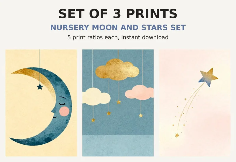 Nursery Print Set of 3, Printable Wall Art, Sleeping Moon Stars Cloud Illustrations, Celestial Baby Room Decor Download shown as a preview of the print set