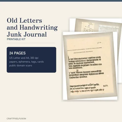 Old Letters Junk Journal Kit Printable, 24 Vintage Handwriting Ephemera Pages, Antique Script Papers, Tags, Cards, PDF and JPG shown as a preview of the paper pack