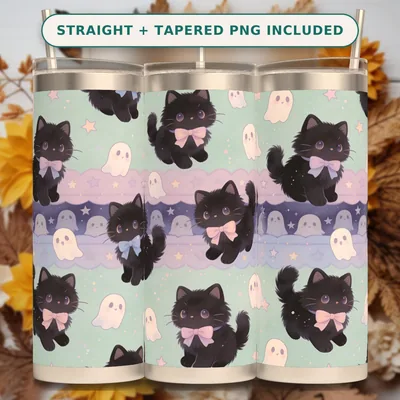 Pastel Goth Halloween Tumbler Wrap PNG Seamless, Fluffy Black Cats with Bows and Little Ghosts, 20oz Sublimation Download shown flat as a tumbler wrap