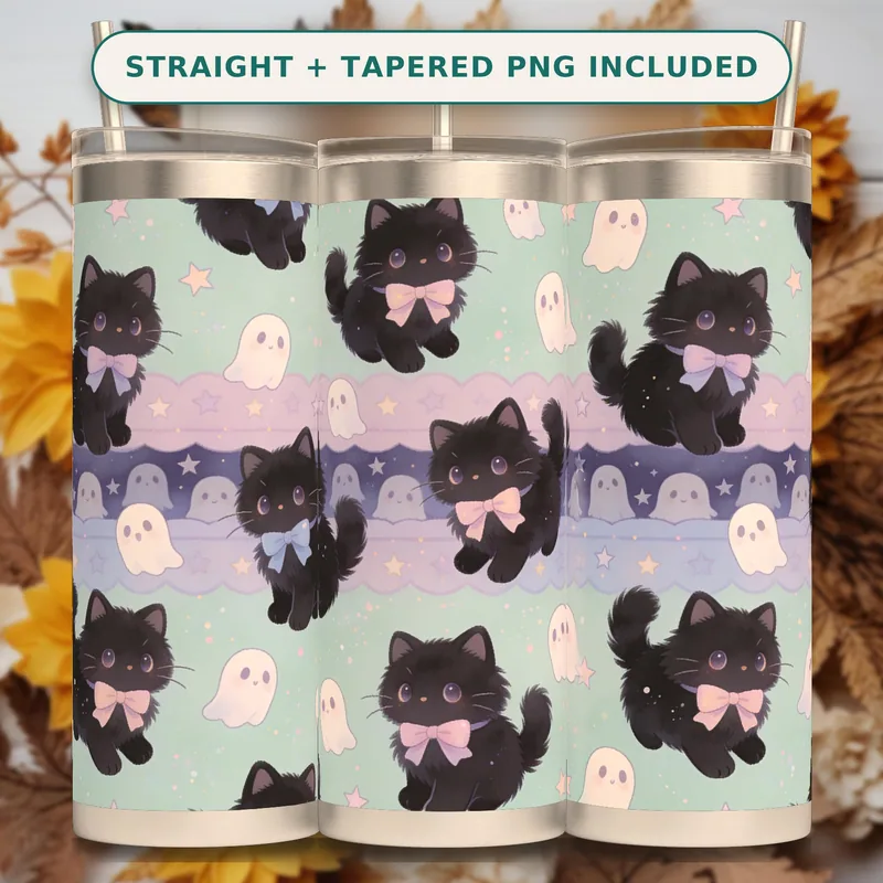 Pastel Goth Halloween Tumbler Wrap PNG Seamless, Fluffy Black Cats with Bows and Little Ghosts, 20oz Sublimation Download shown flat as a tumbler wrap