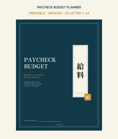 Paycheck Budget Planner Printable, Pay Period Budget by Paycheck PDF, Bill Splitter and Irregular Income Tracker, US Letter A4 shown as a preview of the planner